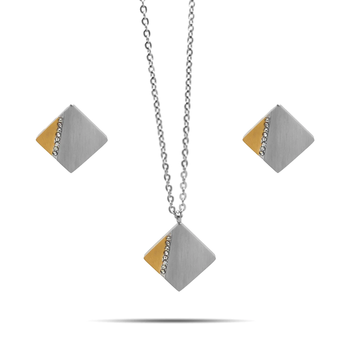 Set Joyería Acero Bicolor Cuadrado Linea Cristales Elegante