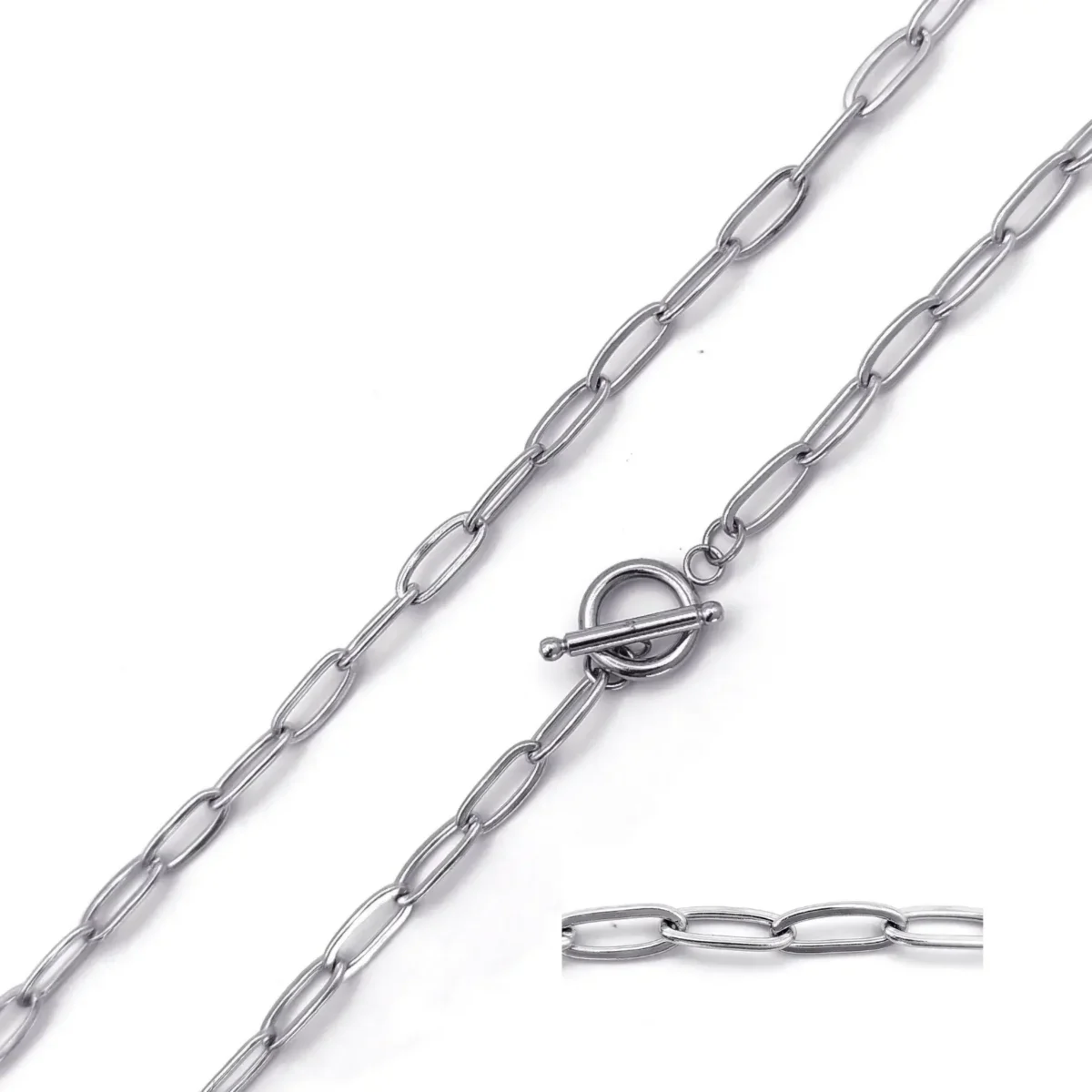 Cadena Acero Plateado Eslabon Oval Cierre Barra Choker