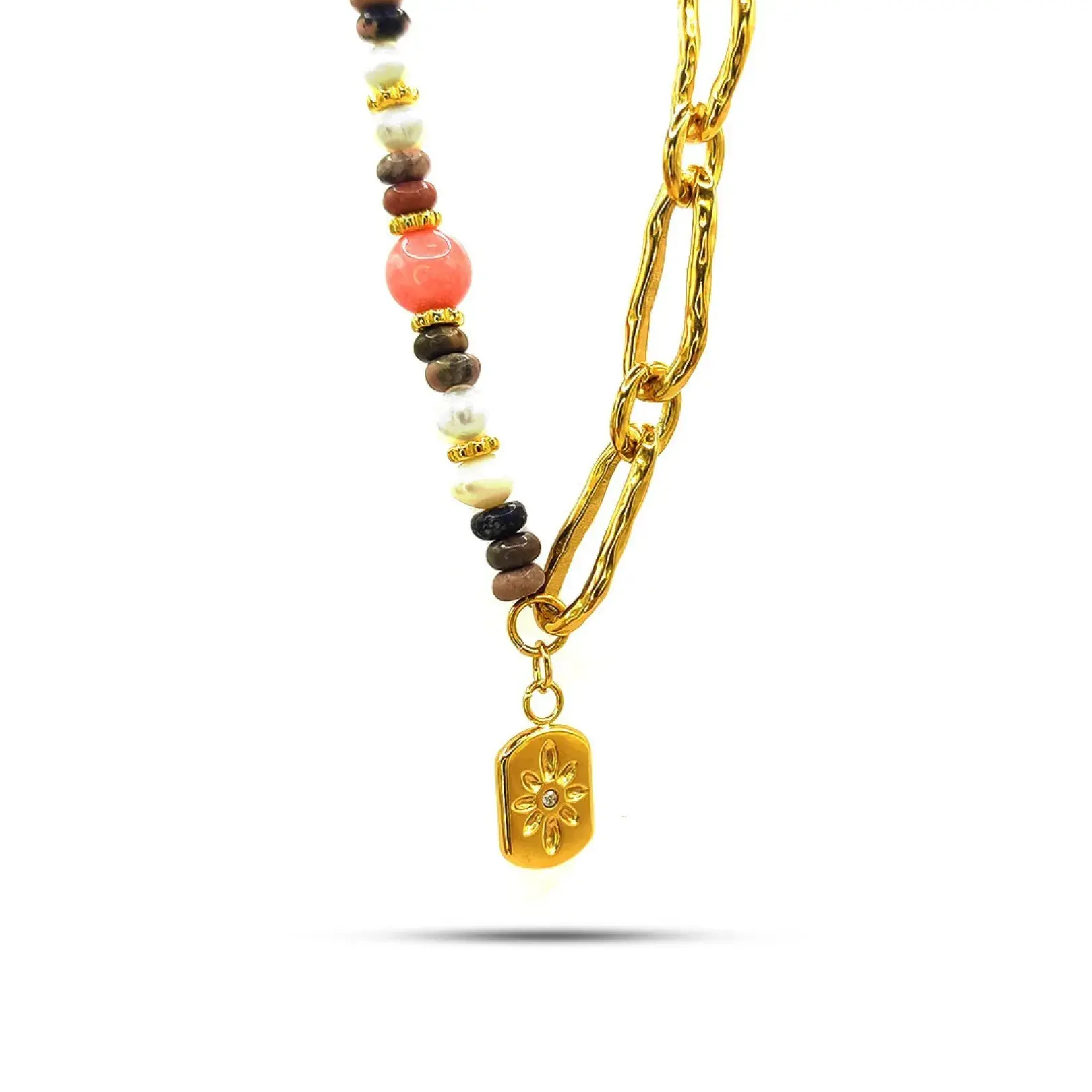 Collar Acero Dorado Cuentas Multicolor Perla Flor Cristal