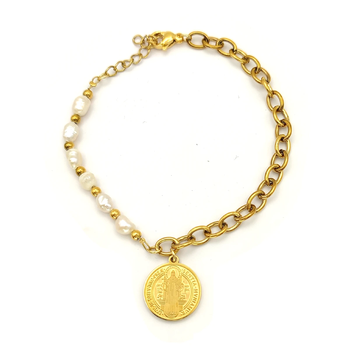 Pulsera Acero Dorado San Benito Eslabon Oval Perlas