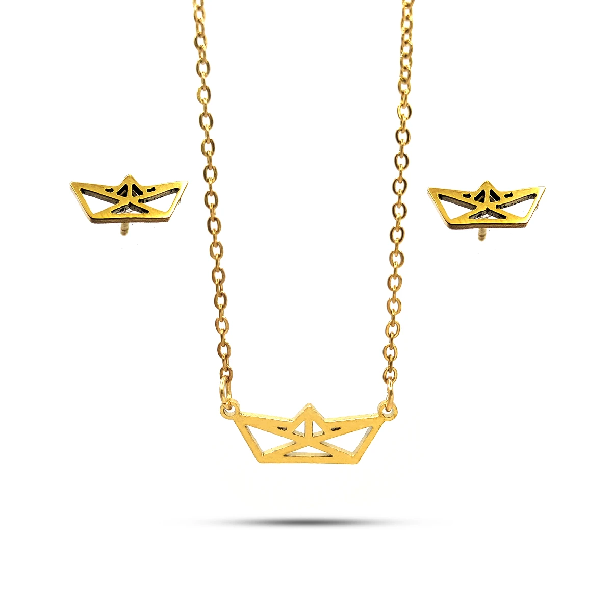 Set Joyeria Acero Dorado Barco Barquito Papel Silueta
