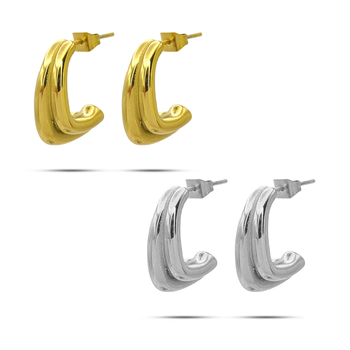 Aretes Acero Media Arracada Geometrica Doble en L 1