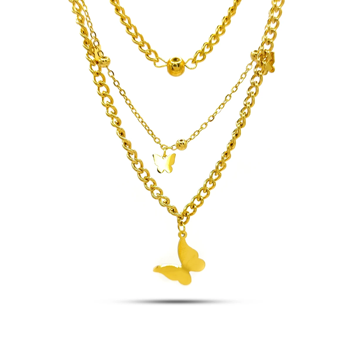 Collar Acero Dorado Cadena Triple Colgantes Mariposas