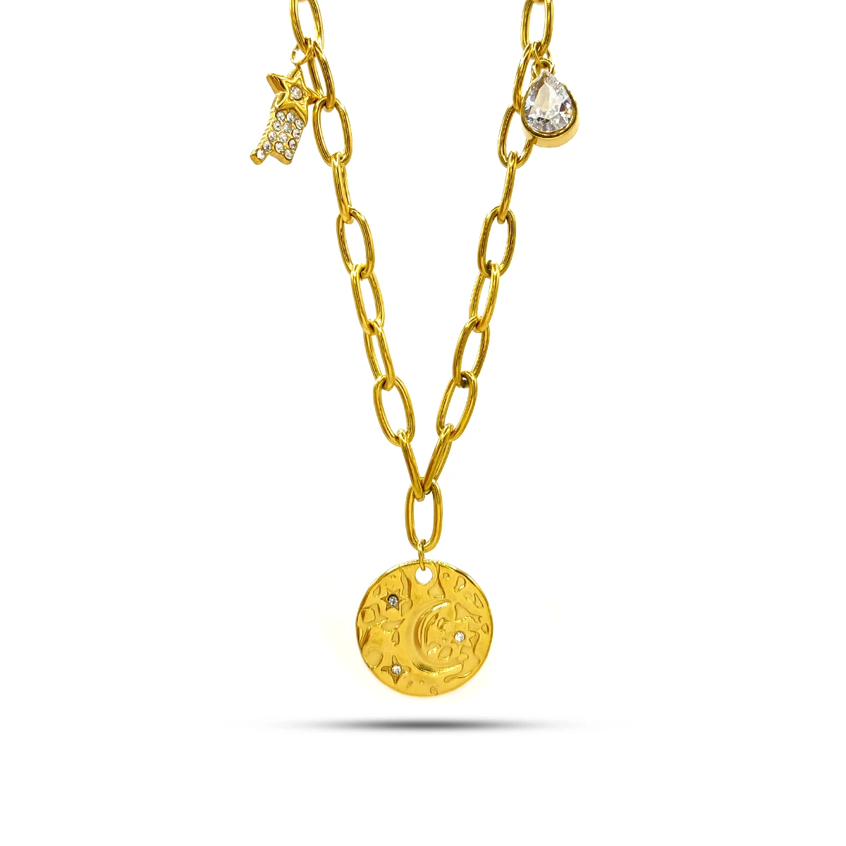 Collar Acero Dorado Gota Zirconia Lagrima Clara Elegante