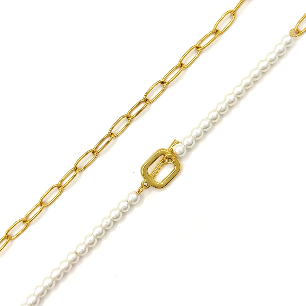 Collar Acero Dorado Perlas Eslabon Largo Broche Barra 2