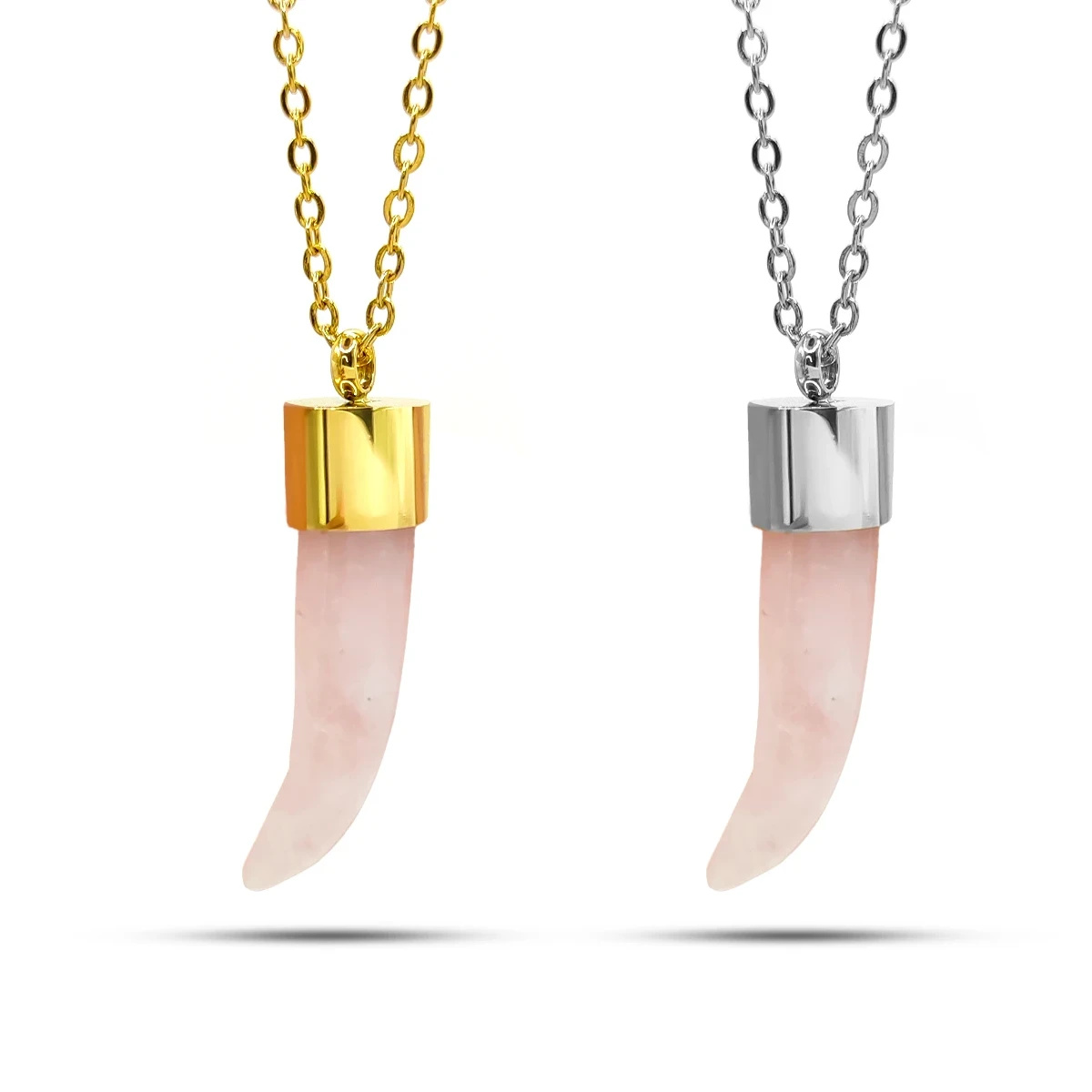 Collar Acero Inox Colmillo Símbolo Fuerza Cuarzo Rosa