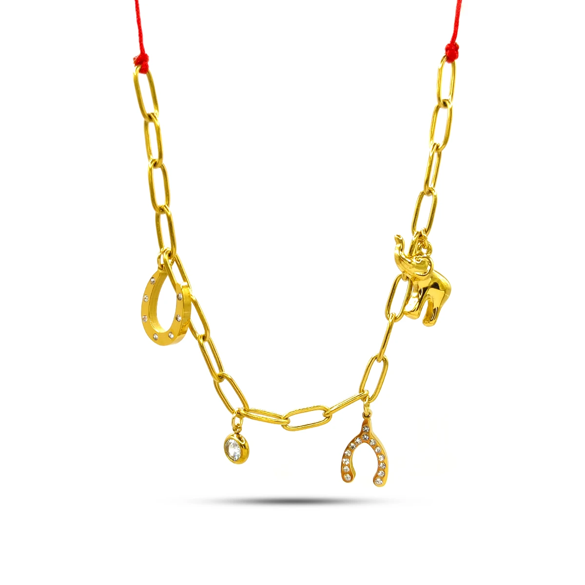 Collar Acero Dorado Simbolos Suerte Fortuna Hilo Rojo