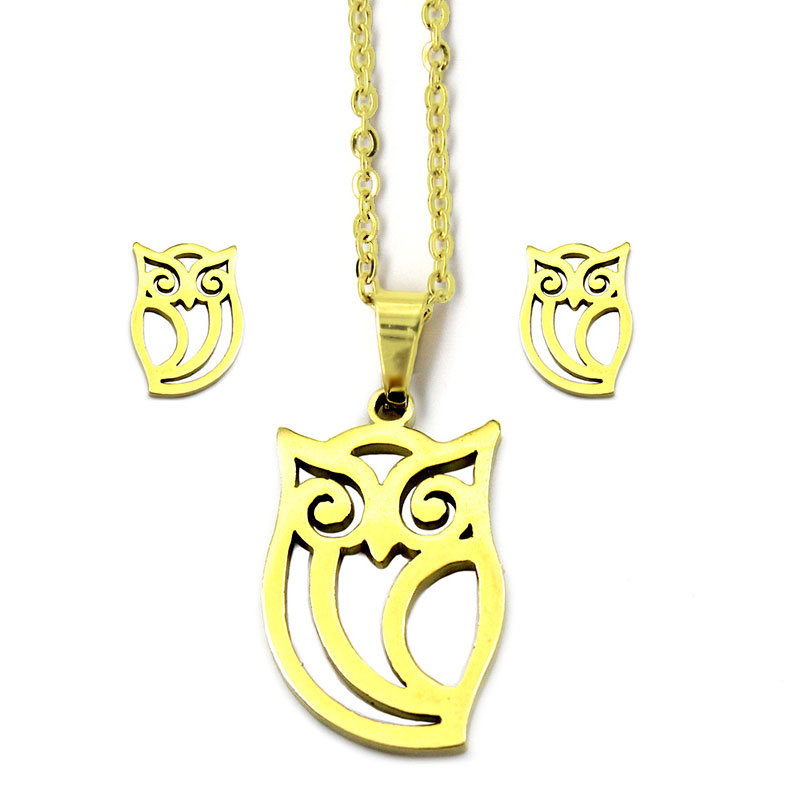 0246 Set de Joyeria Dorado Cadena Aretes Dije Buho Lechuza