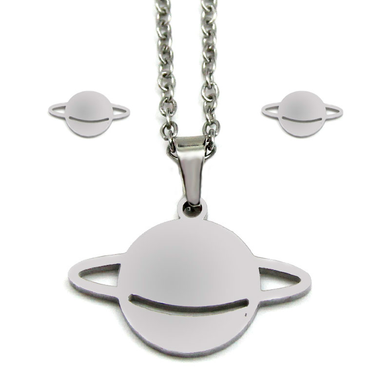 0251 Set de Joyeria Acero Inoxidable Plateado Planeta Saturno