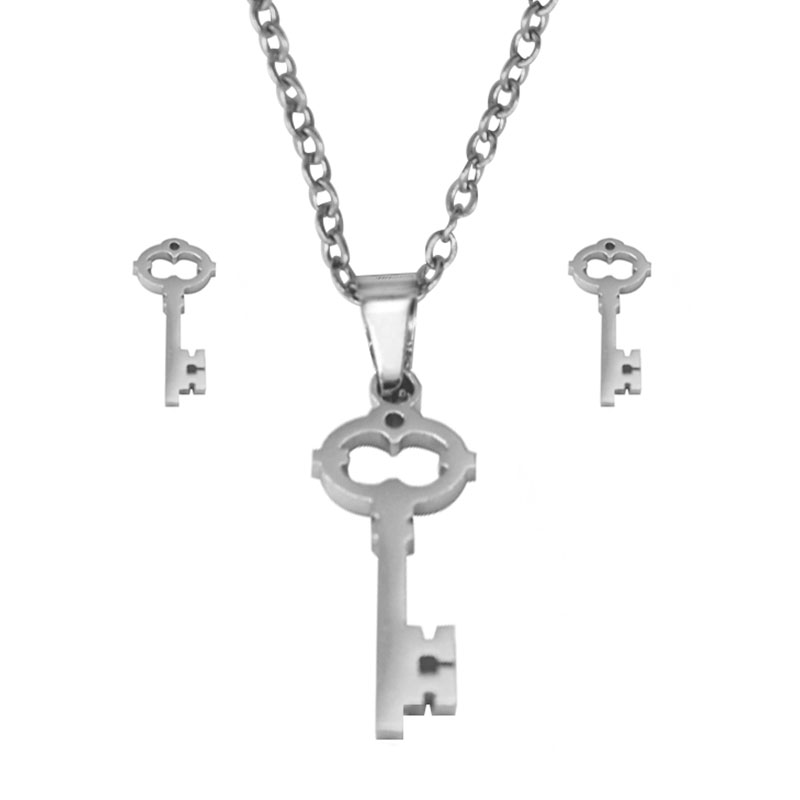 0256 Set de Joyeria Acero Inoxidable Plateado Llave Antigua
