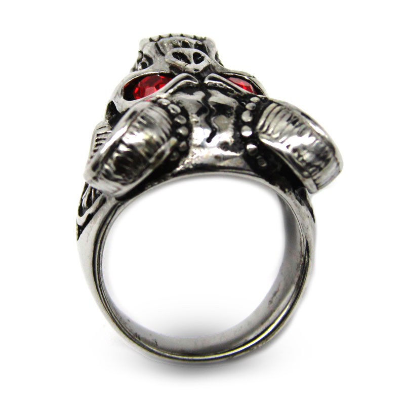 0370 4 Anillo Acero Inox Calavera Plateada Cuernos Ojos Rojos