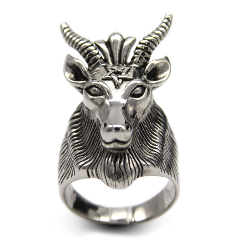 0371 1 Anillo Acero Plata Cabeza Cabra Pentaculo Carnero Diablo