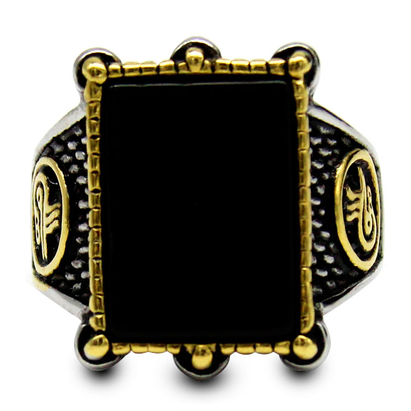 0374 Anillo Hombre Acero Inox Plata Dorado Piedra Onix Negro