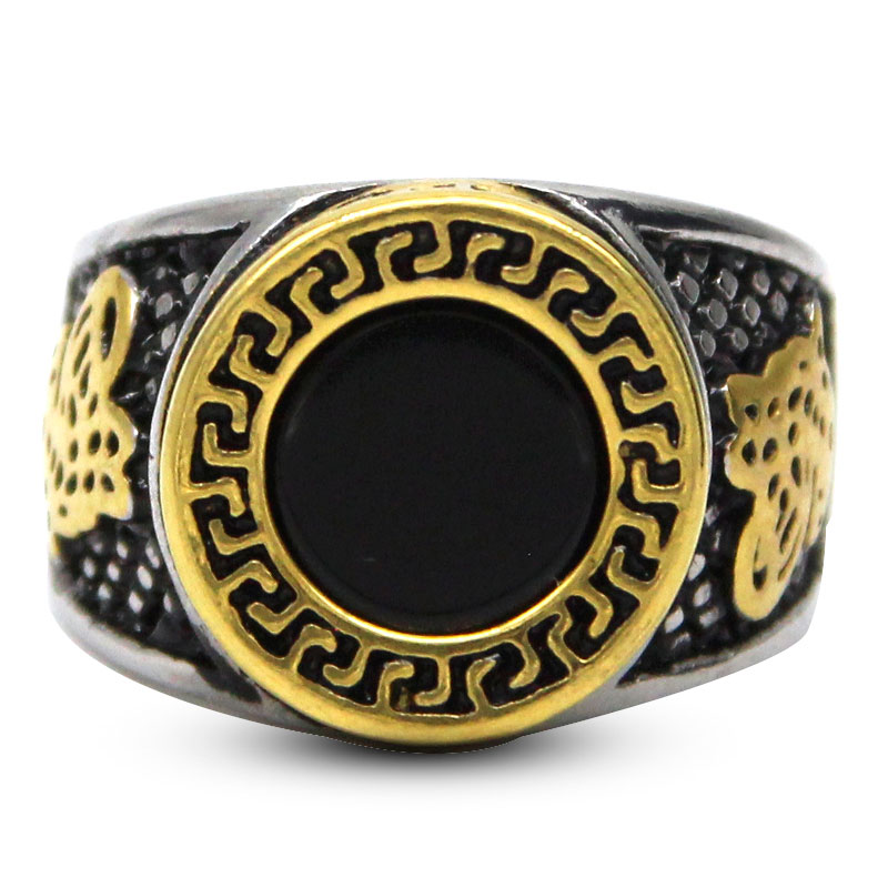 0375 Anillo Hombre Acero Plateado Dorado Circulo Onix Negro