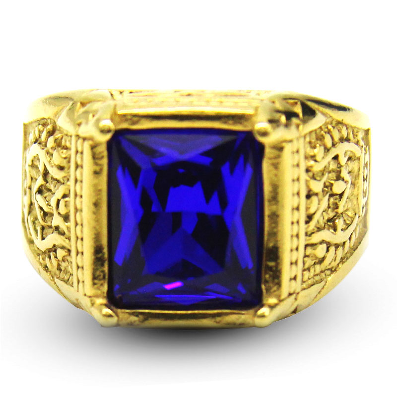 0383 Anillo Hombre Acero Inoxidable Dorado Cristal Azul
