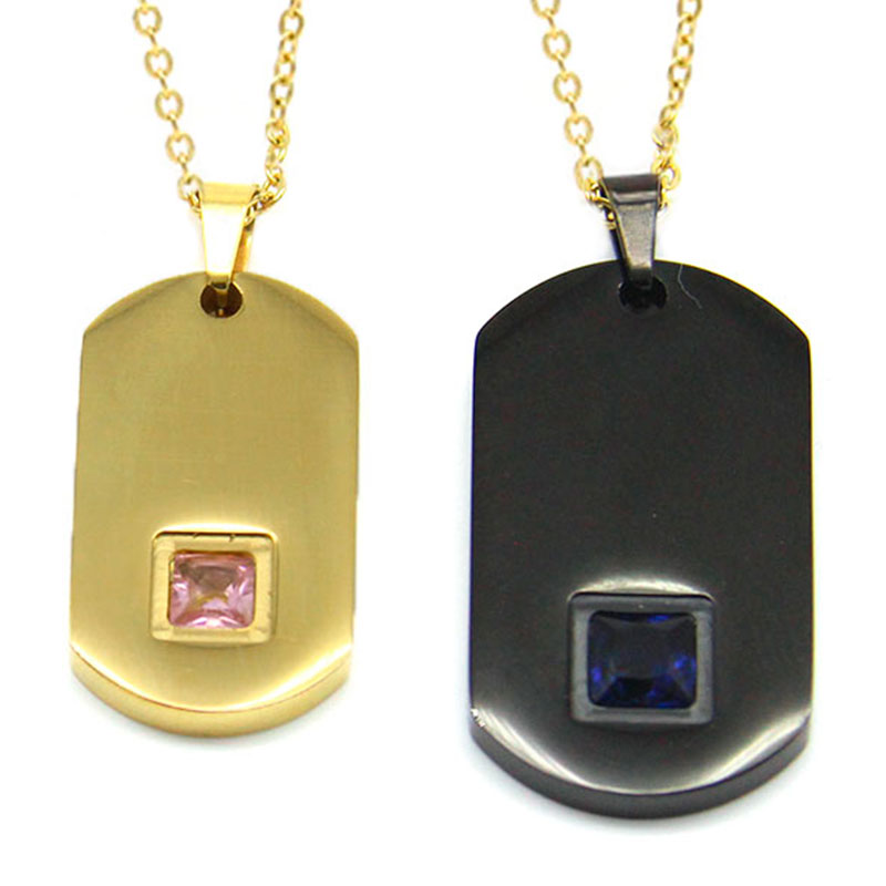 0502 0 Collar Acero Dorado Placa Para El y Ella Zirconia Cubica