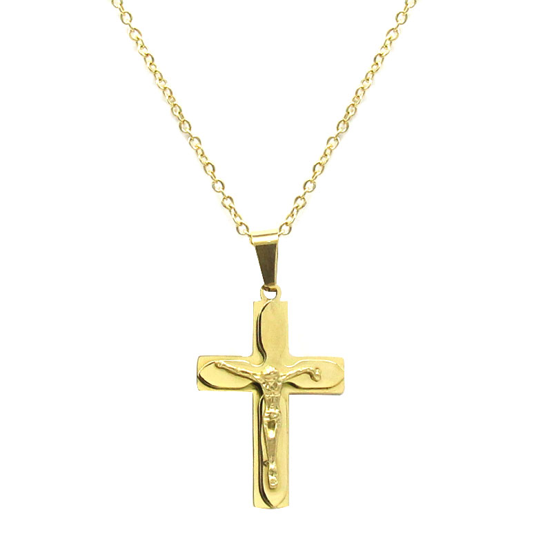 0517 Collar Acero Inoxidable Dorado Cruz Doble Jesus Cristo