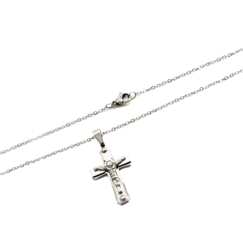 0518 0 Collar Acero Inoxidable Plateado Cruz Doble Jesus Cristo