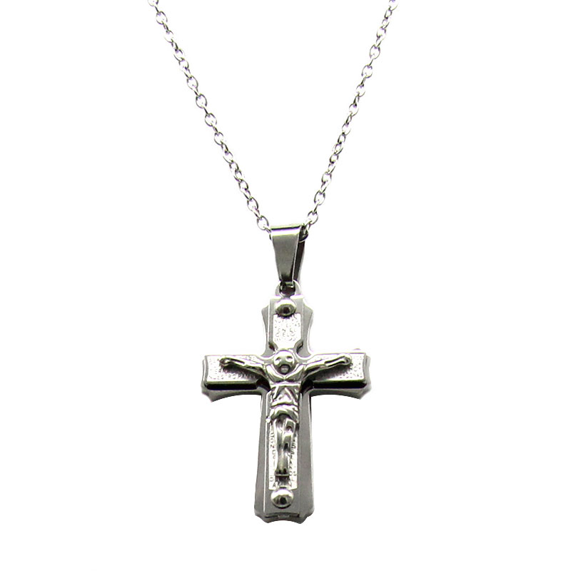 0518 Collar Acero Inoxidable Plateado Cruz Doble Jesus Cristo