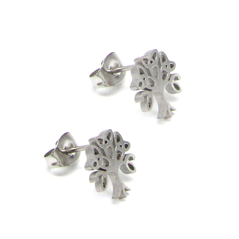 0708 2 Aretes Tipo Broquel Acero Inox Plateado Arbol de la Vida