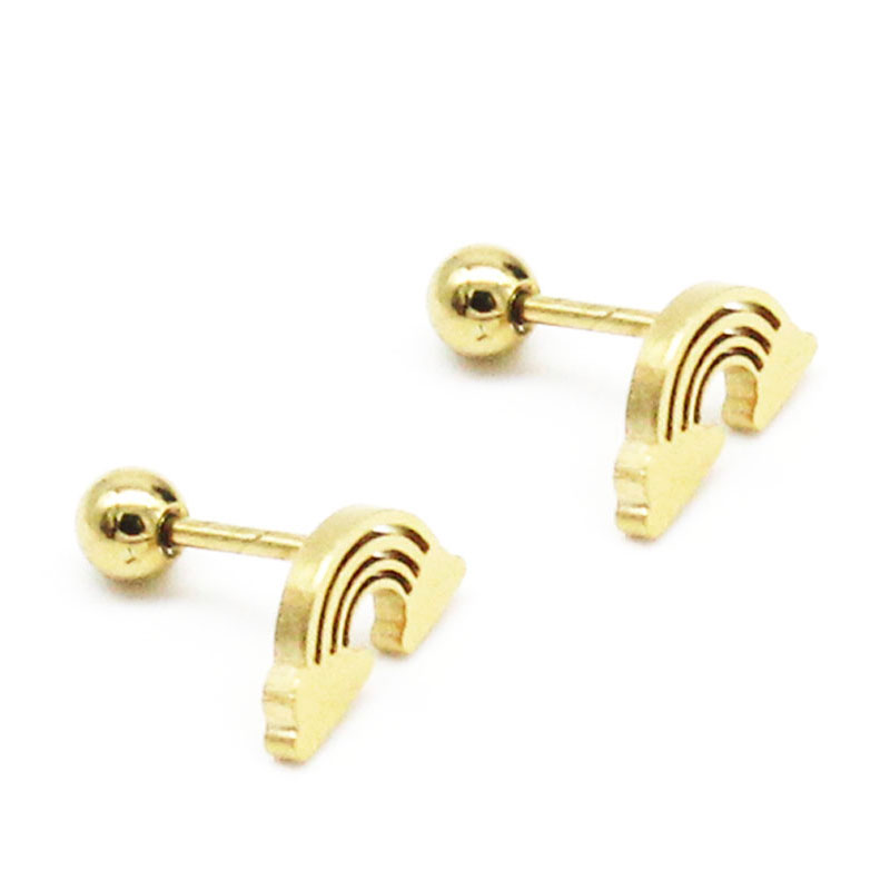 0709 2 Aretes Tipo Broquel Acero Inoxidable Dorado Arcoiris Nube