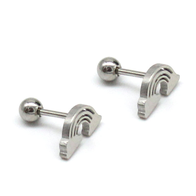 0710 2 Aretes Tipo Broquel Dormilon Acero Plateado Arcoiris Nube