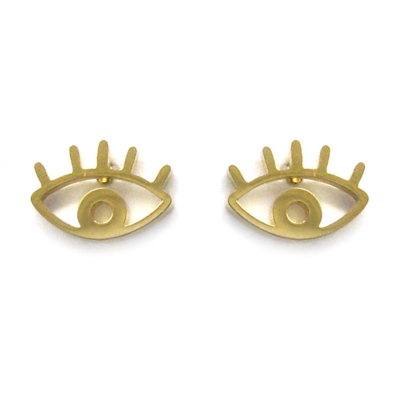 0713 Aretes Tipo Broquel Acero Dorado Contorno Ojo Pestana