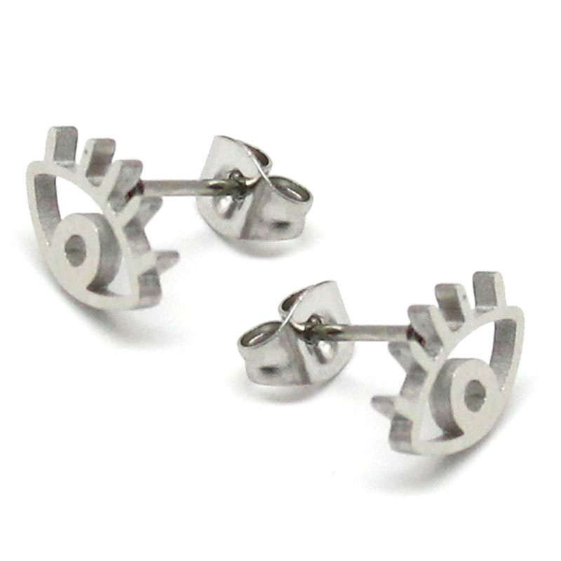 0714 2 Aretes Tipo Broquel Acero Plateado Contorno Ojo Pestana