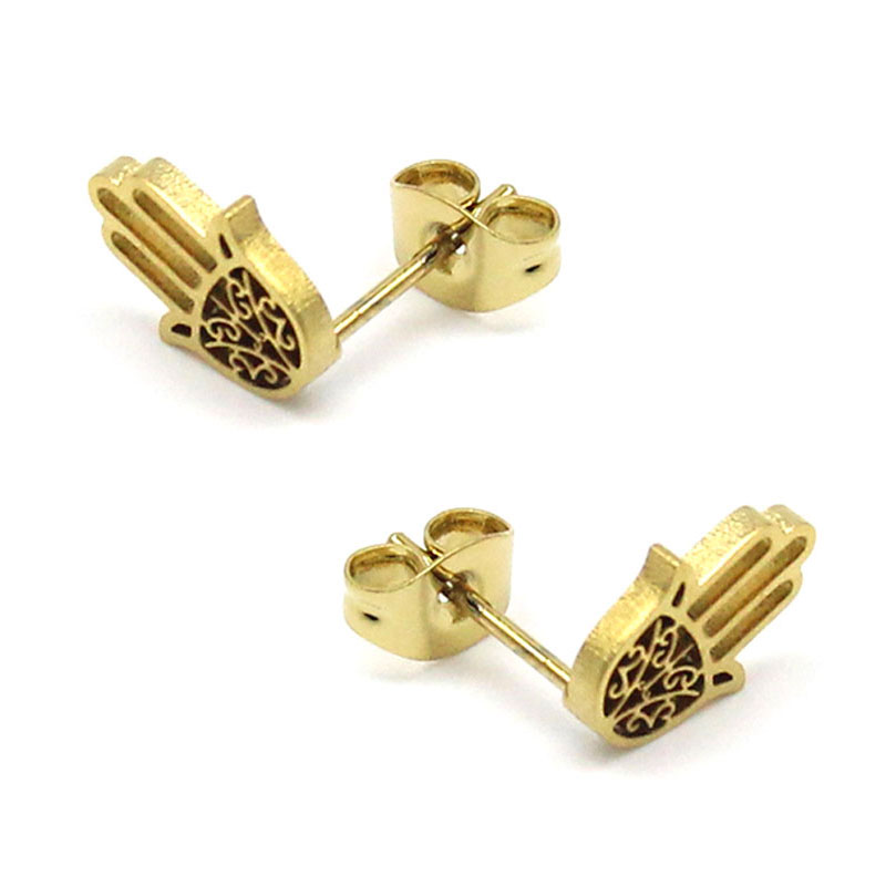 0715 2 Aretes Tipo Broquel Acero Dorado Mano De Fatima Calada