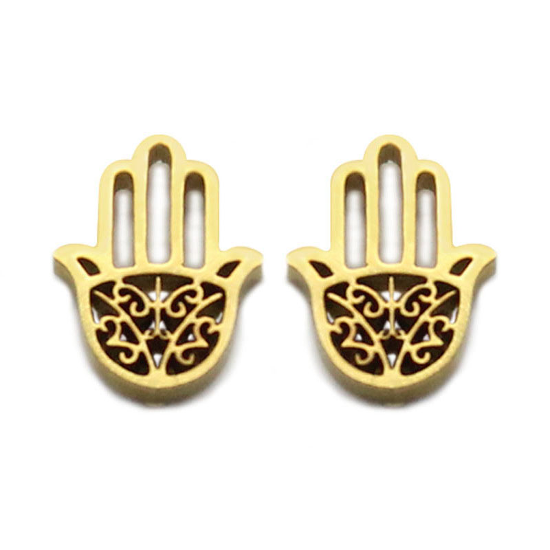 0715 Aretes Tipo Broquel Acero Dorado Mano De Fatima Calada