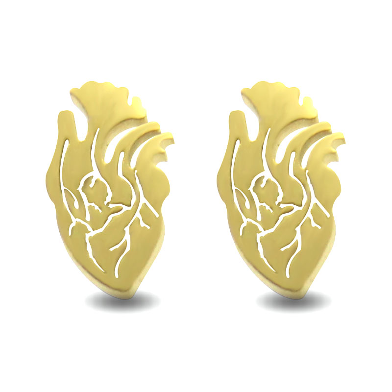 0734 Aretes Tipo Broquel Acero Inoxidable Dorado Corazon Real