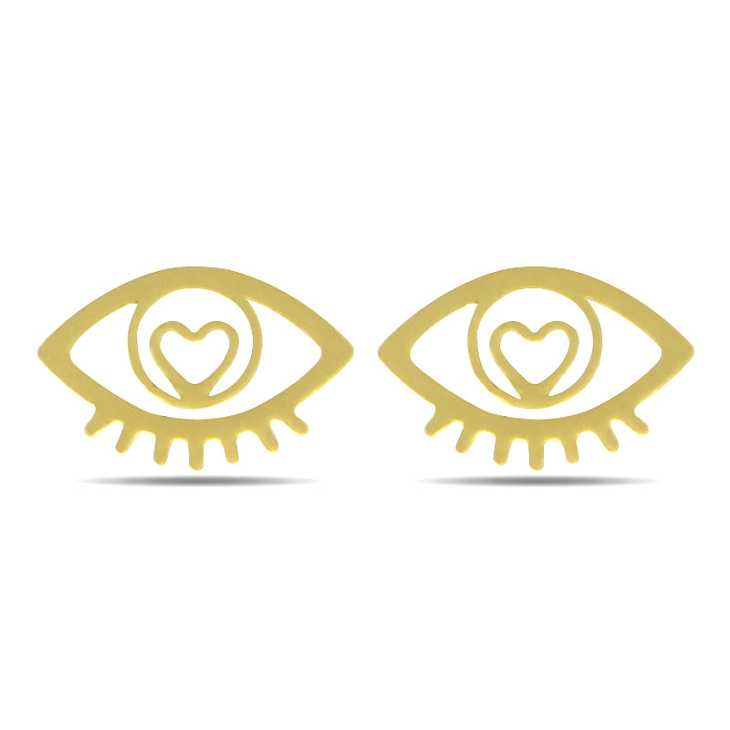 0738 Aretes Tipo Broquel Acero Inoxidable Dorado Ojos Corazon