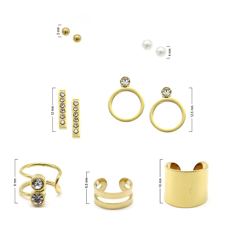 0753 Set de Aretes Broquel Ear Cuff Acero Inoxidable Dorado