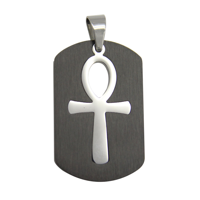 1199 Dije Acero Inoxidable Placa Negra Cruz Egipcia Plateada