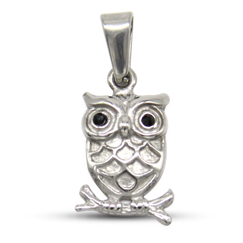 1215 Dije Acero Inoxidable Plateado Buho Zirconias Negras