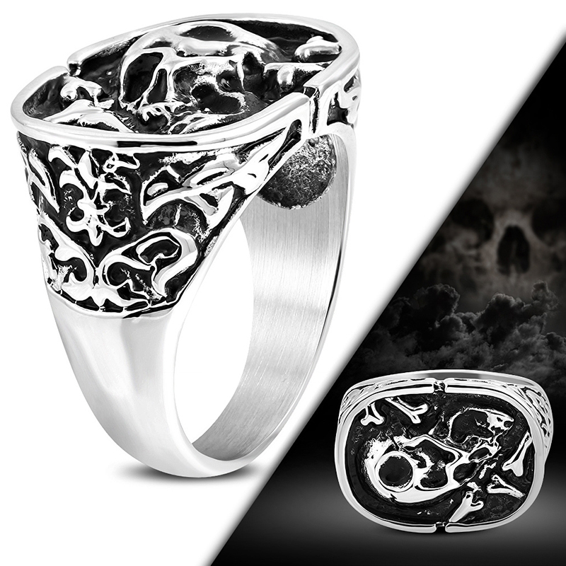 Anillo Acero Calavera Craneo Huesos Chopper Enterrado 1