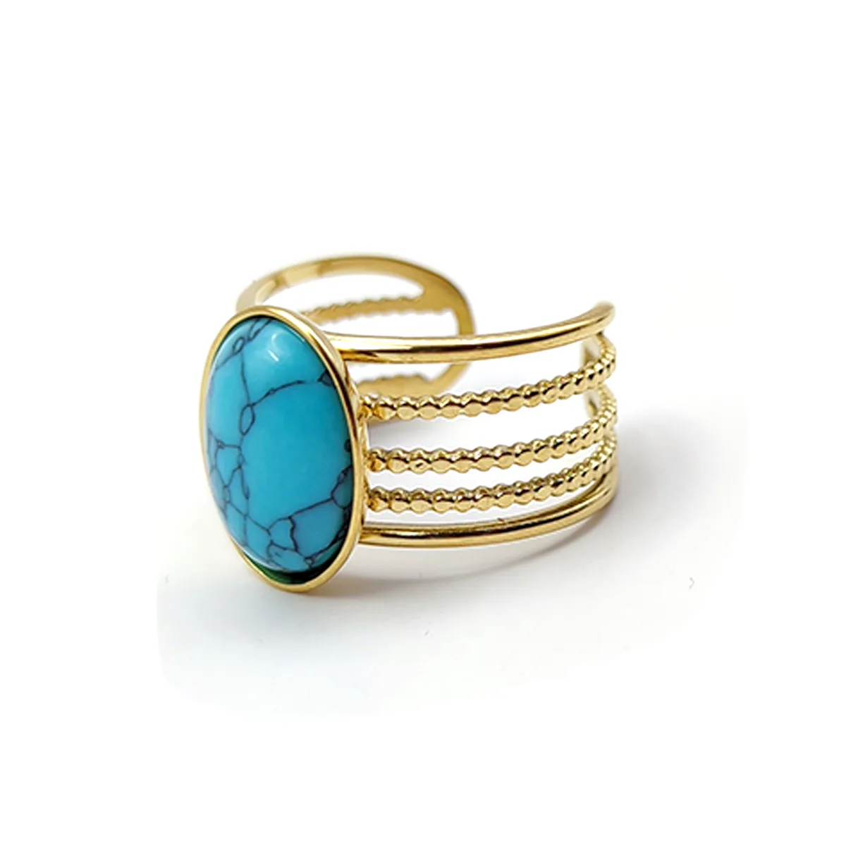 Anillo Acero Dorado Ajustable Lineas Ancho Turquesa Oval 2