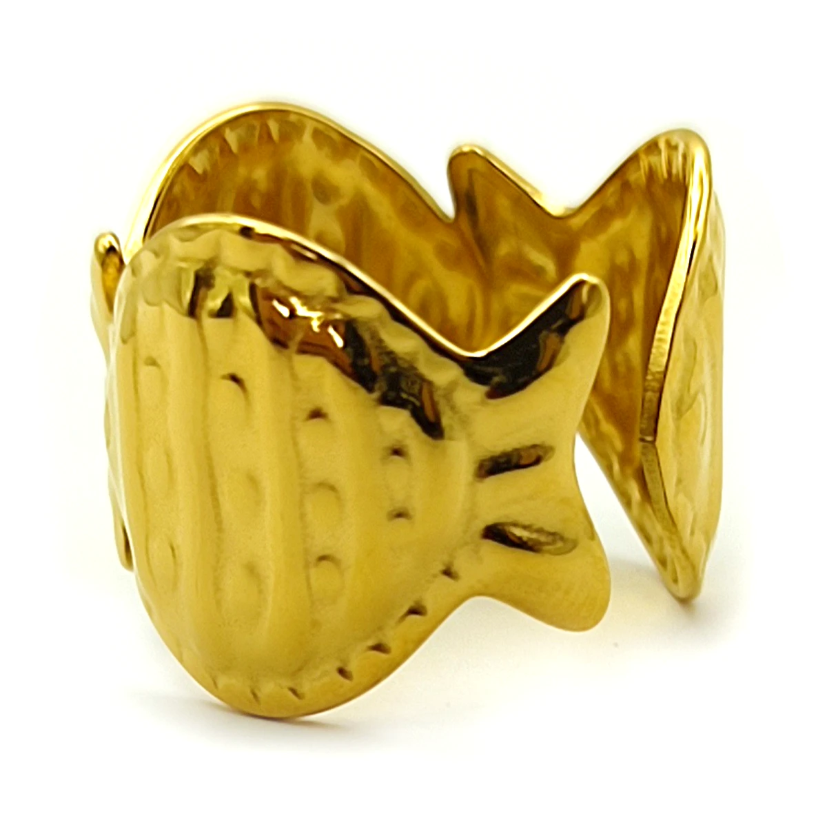 Anillo Acero Dorado Ancho Estriado Martillado Ajustable 2