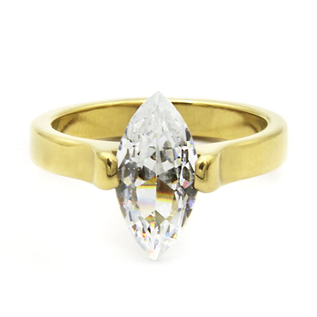 Anillo Acero Dorado Cocktail Zirconia Clara Cubica Rombo