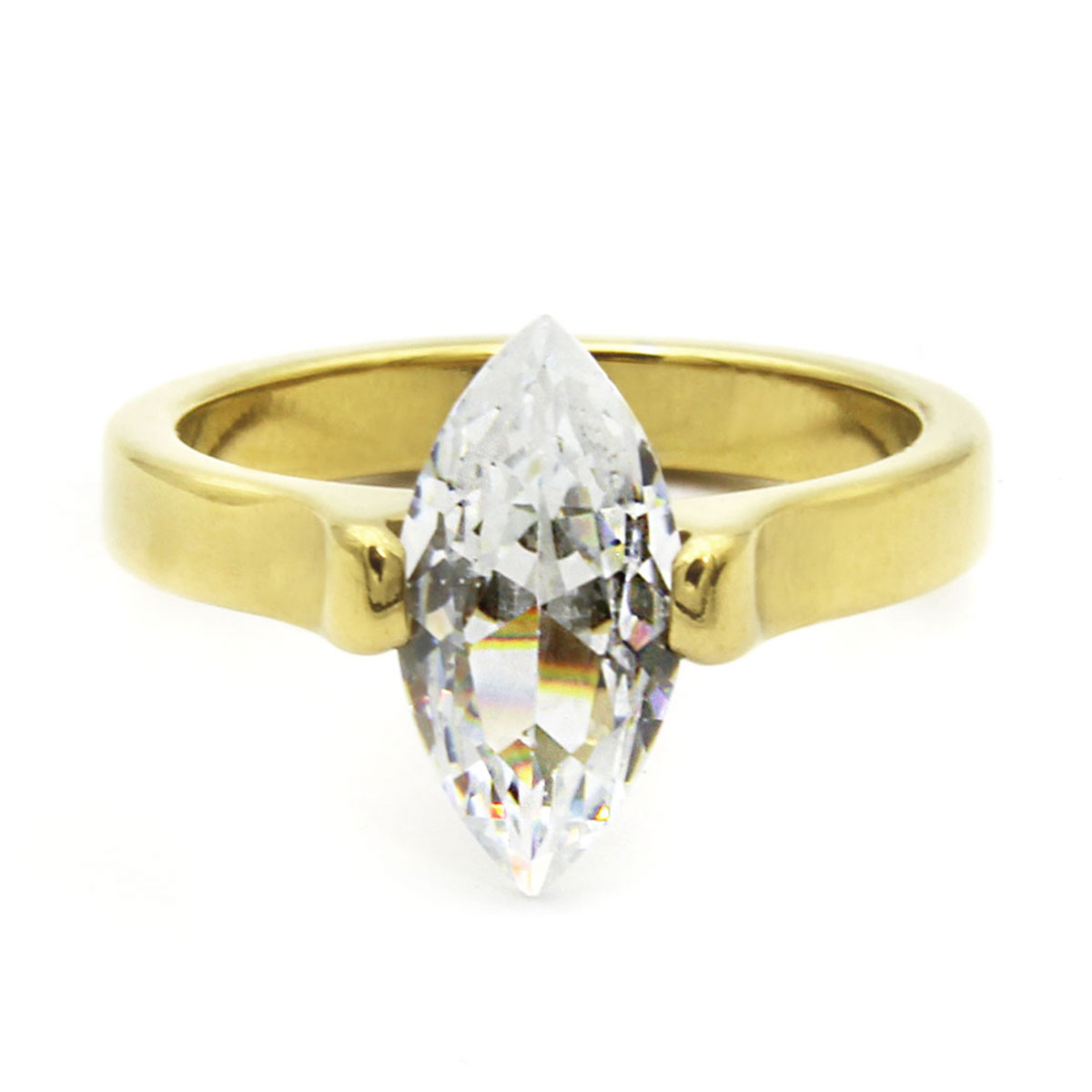 Anillo Acero Dorado Cocktail Zirconia Clara Cubica Rombo