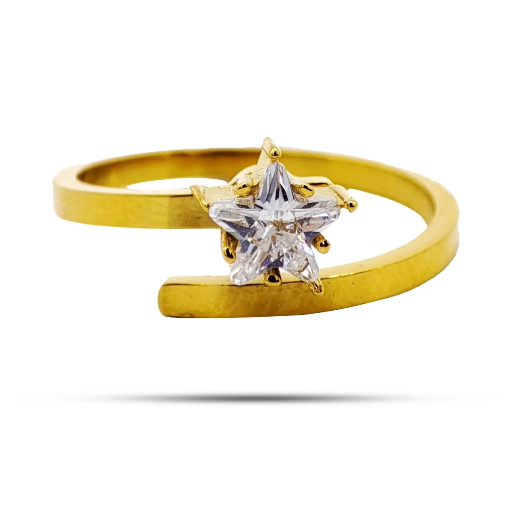 Anillo Acero Dorado Estrella Zirconia Giratorio Ajustable 2