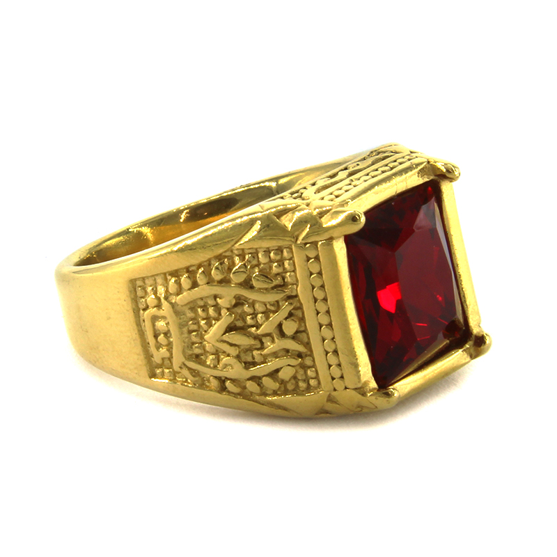 Anillo Acero Dorado Hombre Zirconia Rojo Lux Vintage 2