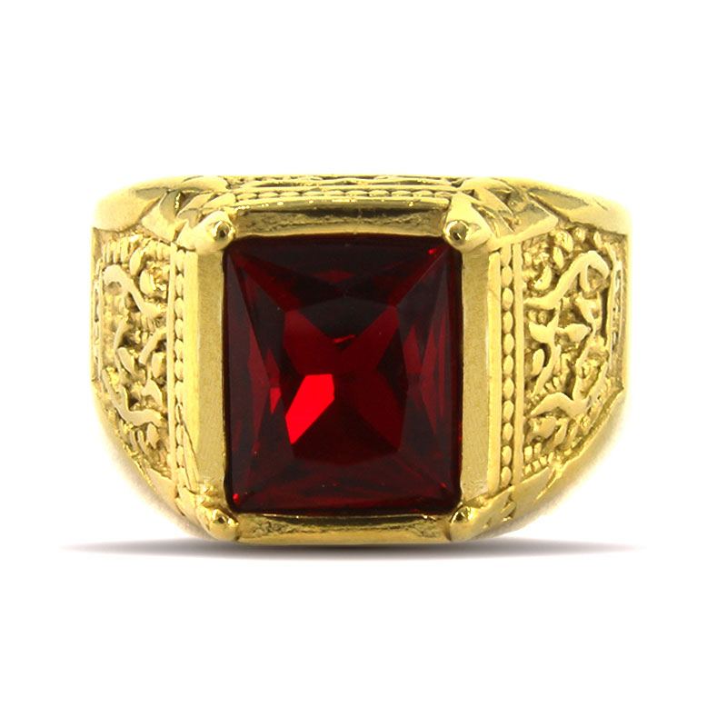 Anillo Acero Dorado Hombre Zirconia Rojo Lux Vintage