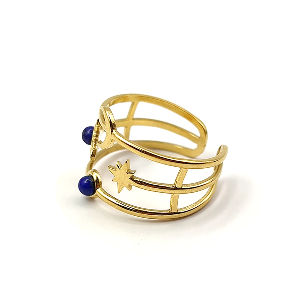 Anillo Acero Dorado Luna Sol Cielo Lapislazuli Ajustable 6