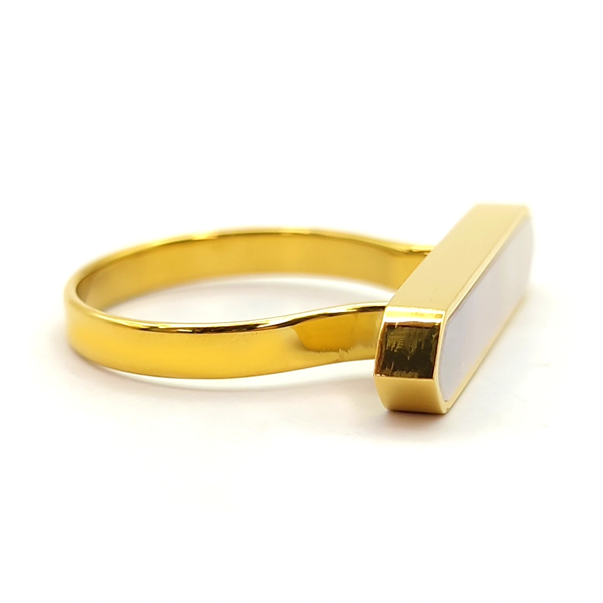 Anillo Acero Dorado Madre Perla Largo Horizontal 4