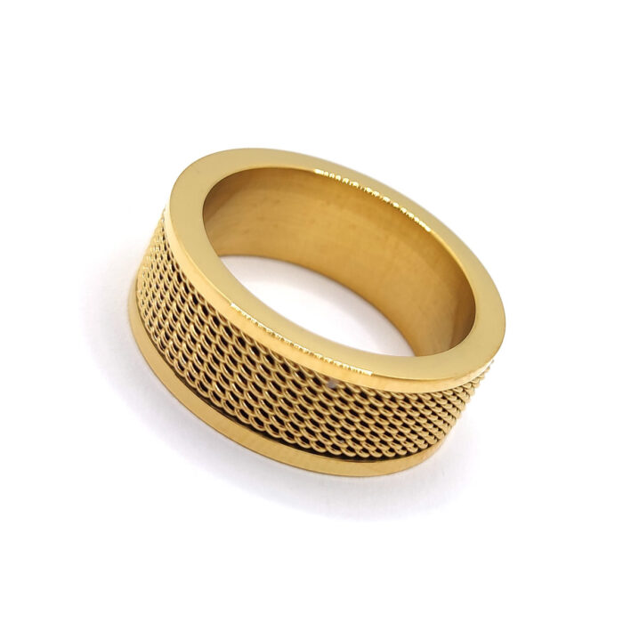 Anillo Acero Dorado Malla Biselado Tejido Hombre De Lujo - estiloss.com