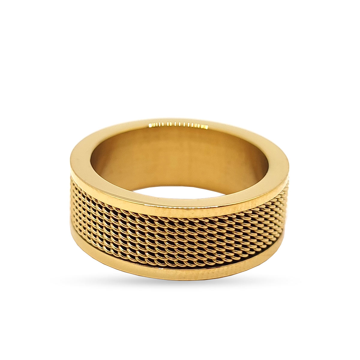Anillo Acero Dorado Malla Biselado Tejido Hombre De Lujo