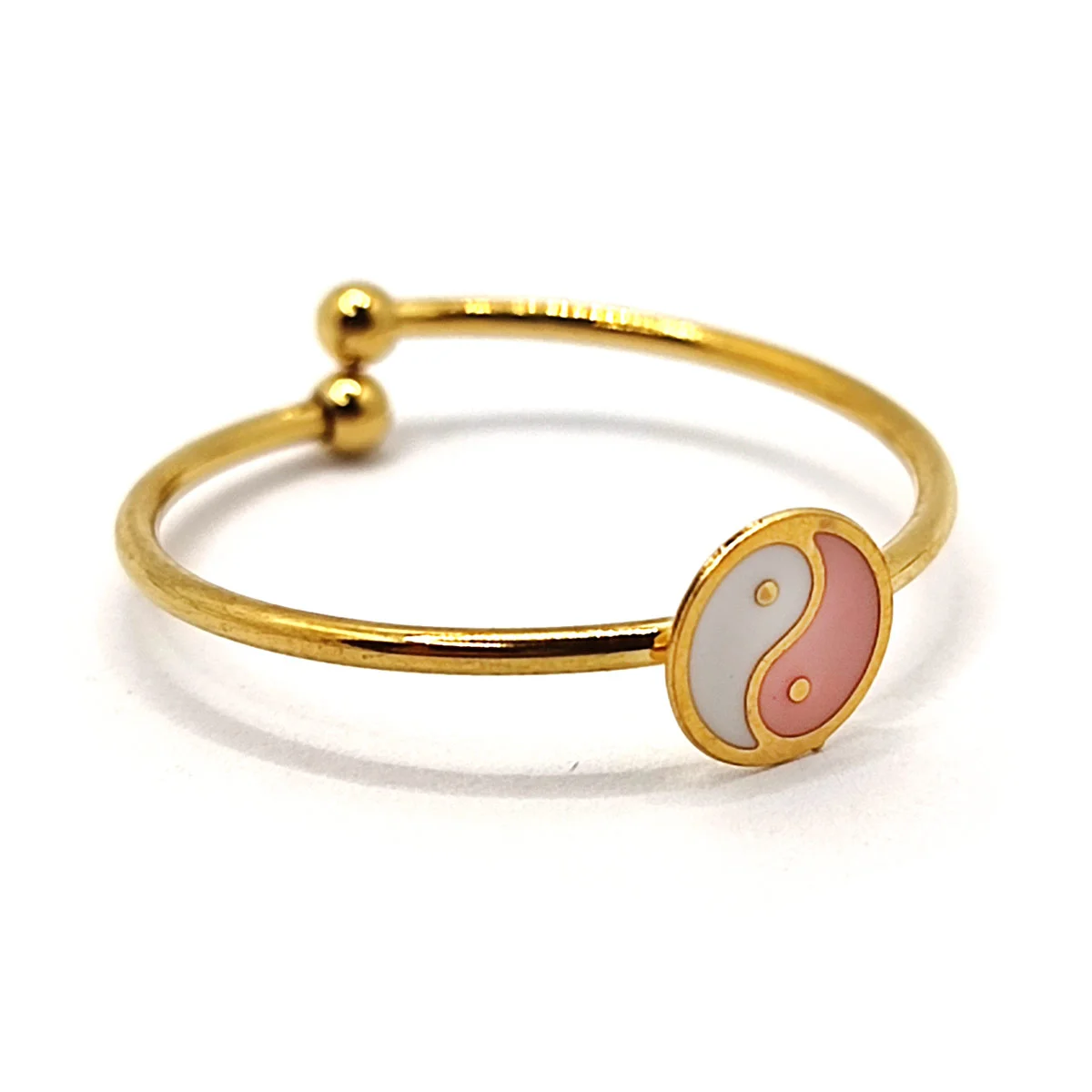 Anillo Acero Dorado Slim Delgado Yin Yang Rosa Ajustable 3
