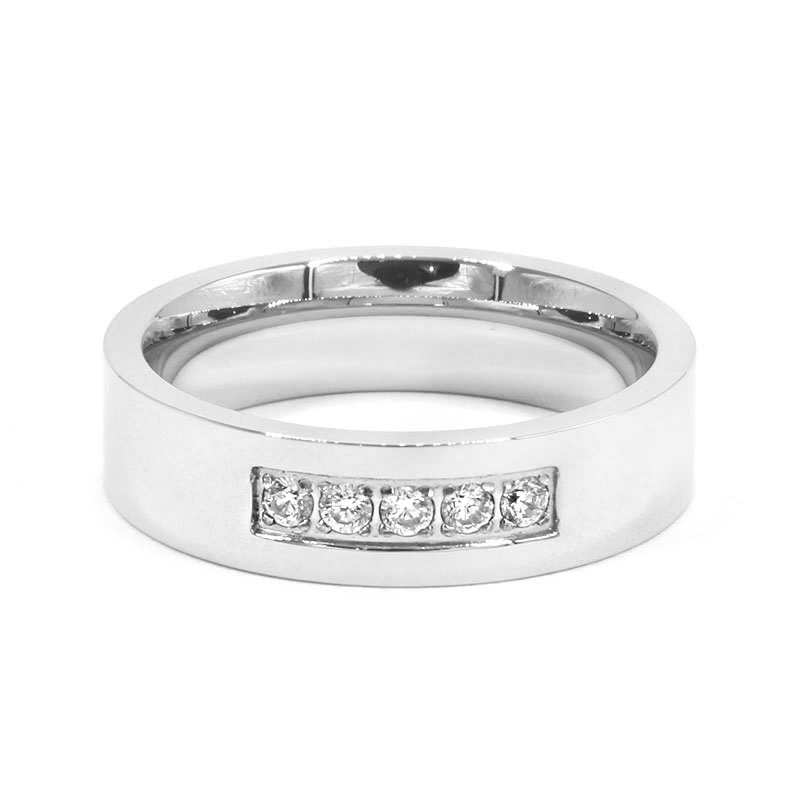 Anillo Acero Inox Argolla Plateado 5 Cristales Claros 6mm 23