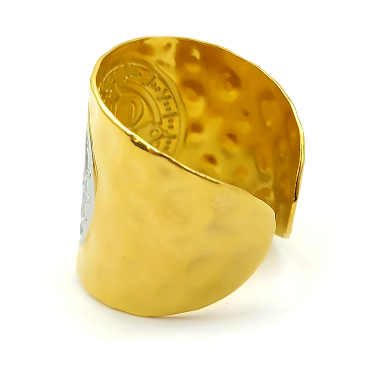 Anillo Acero Inox Bicolor San Benito Martillado Ajustable 2